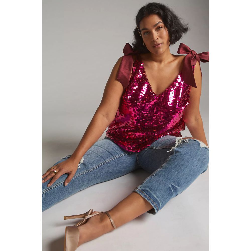 Anthropologie Fuchsia Pink Sequin Tie-Shoulder Tank
